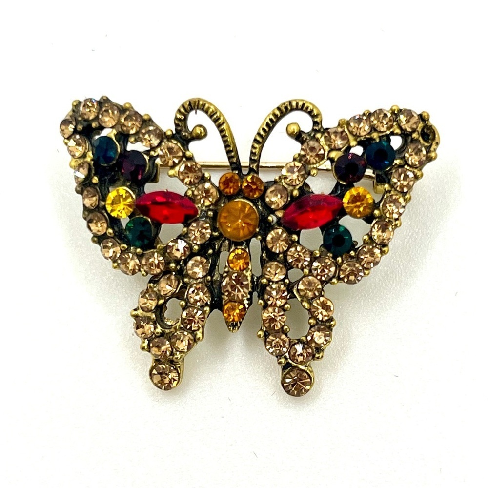 Vintage Multicolor Rhinestone Butterfly Brooch Gold Tone Filigree 1980s